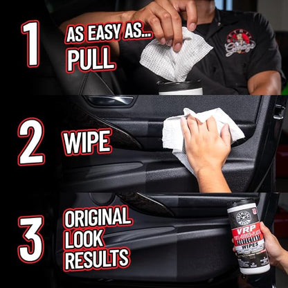 Chemical Guys, VRP Vinyl, Rubber & Plastic Shine Canister Wipes, 30 Count Pre-moistened wipes dress and protect vinyl, rubber and plastic on trim, dashboards and tires, thirty per pack