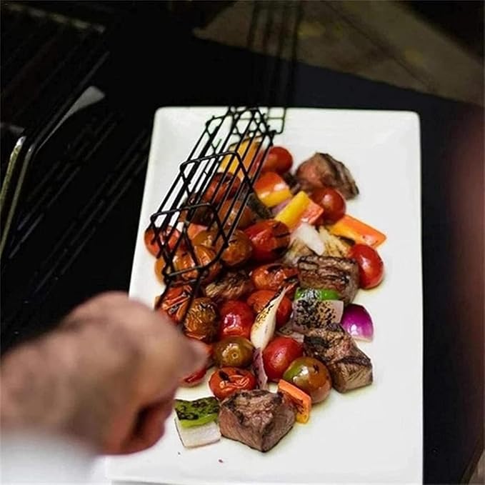 Barbecue Basket Durable Convenient Grill Basket with Long Wooden Handle Stainless Steel Grill Tray for Vegetable Fried Sausage Meat