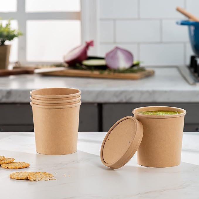GUSTO 16 oz. - 25 Count Kraft Paper Food Containers with Vented Lids - To Go Hot Soup Bowls, Disposable Ice Cream Cups, Ideal for Hot and Cold Foods - (Formerly Comfy Package)