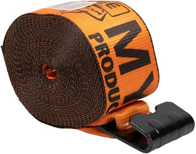Mytee Products Winch Straps 4" x 30' - High Abrasion Orange Heavy Duty Tie Down wFlat Hook Extreme WLL 6670 lbs  4 Inch Cargo Control for Flatbed Truck Utility Trailer