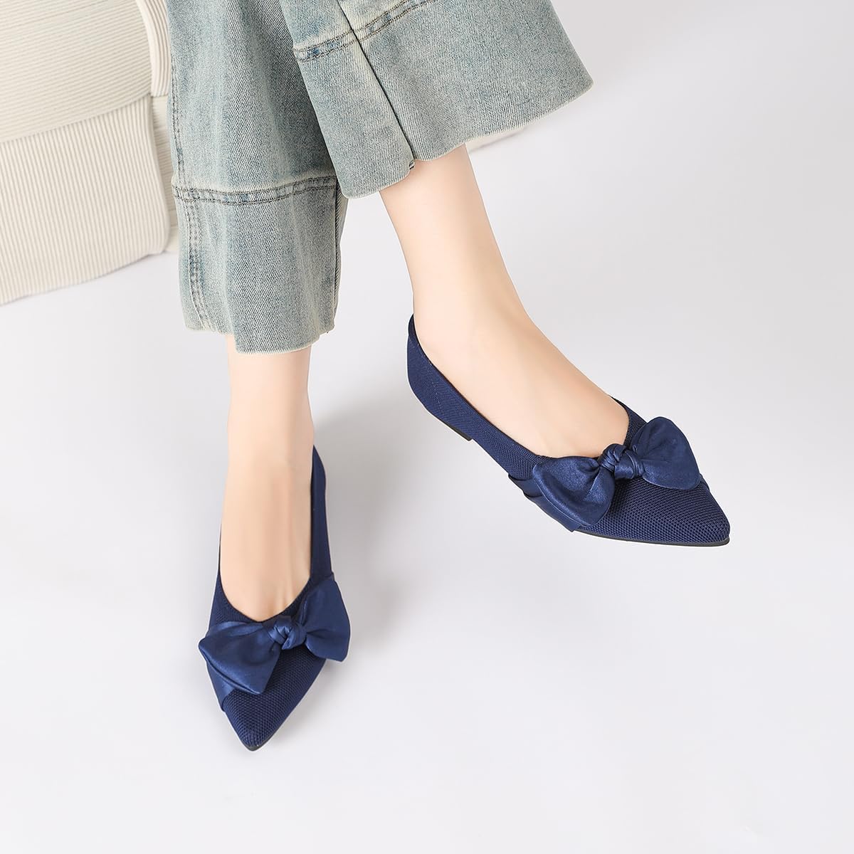 Semwiss Pointed Toe Ballet Flats for Women Slip On Comfortable Flats with Bow Dressy Casual Work Shoes