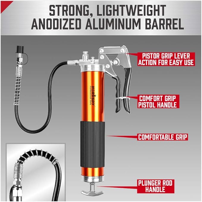 HORUSDY Heavy Duty Grease Gun with 14oz Grease Tubes  Grease Gun Flexible Hose  7000 PSI  18 Inch Spring Flex Hose  2 Working Coupler  2 Extension Rigid and 1 Sharp Type Nozzle Included
