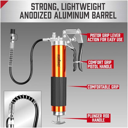 HORUSDY Heavy Duty Grease Gun with 14oz Grease Tubes  Grease Gun Flexible Hose  7000 PSI  18 Inch Spring Flex Hose  2 Working Coupler  2 Extension Rigid and 1 Sharp Type Nozzle Included