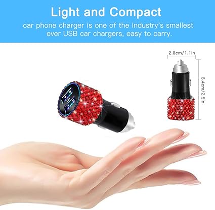 OTOSTAR Dual USB Car Charger, 4.8A Output, Bling Crystal Diamond Car Decorations Accessories Fast Charging Adapter for iPhones Android iOS, Samsung Galaxy, LG, Nexus, HTC (Red)