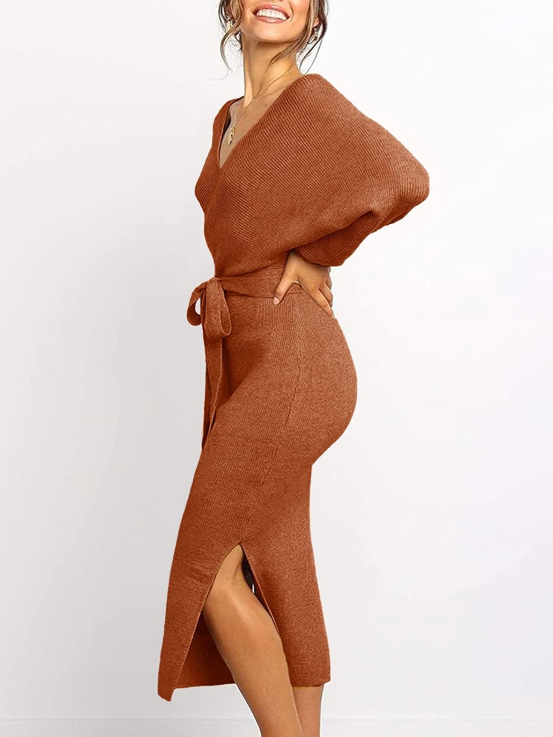Chang Yun Women's Long Maxi Sweater Dresses Sexy Wrap Batwing V Neck Slit Open Back Holiday Bodycon Dress with Belt