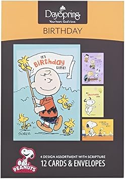 Birthday Peanuts - 4 Design Assortment with Scripture - 12 Birthday Boxed Cards & Envelopes