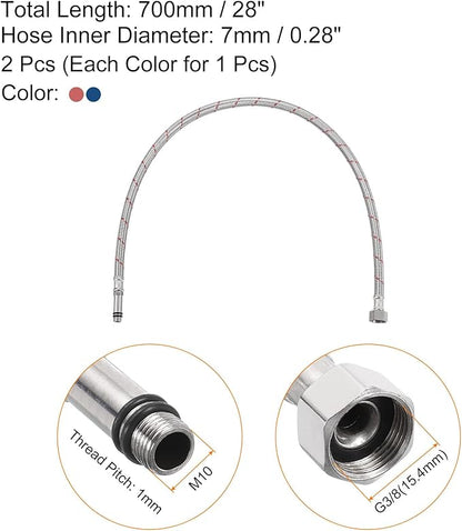 uxcell 28 Inch Long Faucet Supply Line Connector, 2pcs G38 Female Compression Thread x M10 Male Connector Braided M10x1mm 304 Stainless Steel Water Supply Hose Line