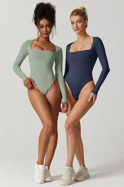 QINSEN Women's Sexy Square Neck Bodysuit Long Sleeve Double Lined Shirt Tops