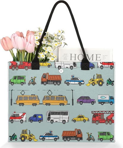 Tote Bag for Women Transportation Car Pattern Large Beach Bag Reusable Grocery Bags Tote Bag for Work Shopping Travel Beach
