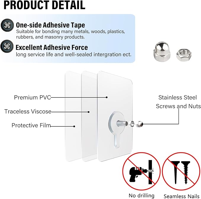 Adhesive wall hooks (13 pounds maximum), screwless wall hooks without nails for photo frames, waterproof and oil-resistant hooks for decorations and kitchen shelves
