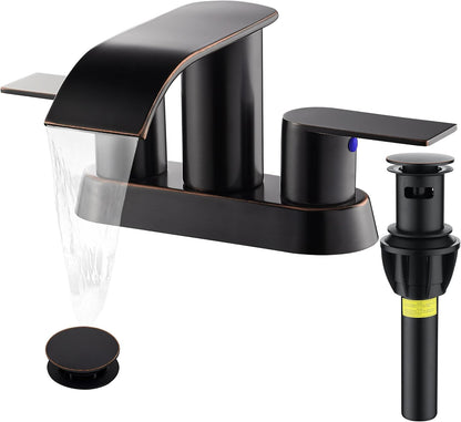 Waterfall Bathroom Sink Faucet 4 Inch Faucet 2 Handle Lead-Free Oil Rubbed Bronze, Bathroom Faucets with Pop Up Drain, 2 or 3 Holes Bathrooms Basin Lavatory Mixer Tap with Deck Mount Plate