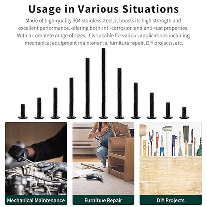 14-20 x 12" Black Hex Socket Head Cap Screws, 304 Stainless Steel 18-8, Furniture Bolts, Connector Screws, Black Coated, Full Thread, 25 PCS