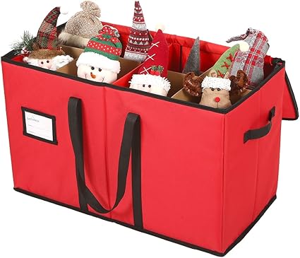 Sattiyrch Christmas Figurine Storage Box  Xmas Figurine Container,600D Canvas Ornament Storage Container,Keeps 8 Holiday Figurines 15 Inches,Adjustable Area and Pockets for Decorations
