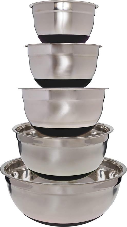 Stainless Steel Mixing Bowls (5 Piece Set) - Black Non-Slip Base - Easy to Clean, Premium Nesting Bowls (1.5 2.0 2.5 3.5  7.0 QT)