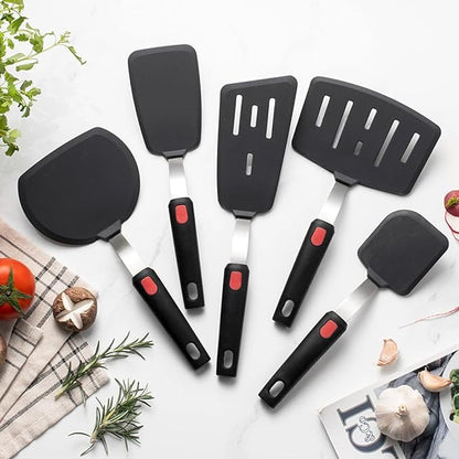 1-Piece Slanting Slotted Spatula Stainless Steel Handle Silicone Cooking Flipper Frying Spatula Household Iron Plate Cooking Turner Flexible Kitchen Utensils for Pancake Eggs Fish Burger