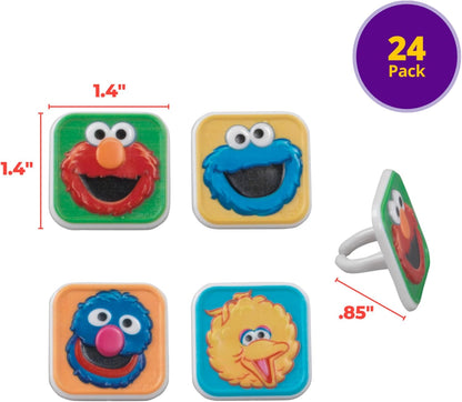 Sesame Street Rings, 24 Cupcake Toppers Featuring Elmo, Big Bird, Cookie Monster, Grover, Bright Colorful ( Cupcake Decorations, Food Safe - 24 Pack (Mixed Character Amounts)