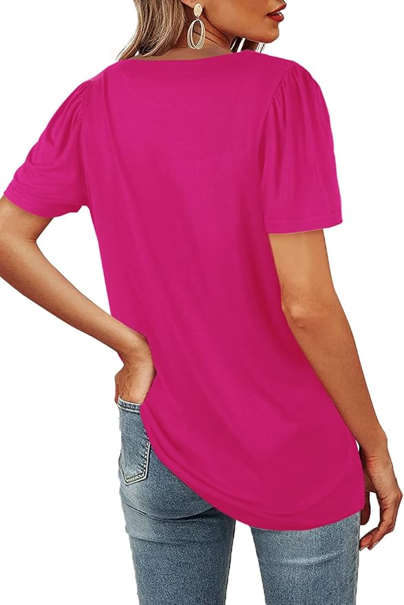 WIHOLL Womens Summer Tops Casual Square Neck Puff Short Sleeve T Shirts