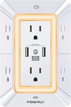 Multi Plug Outlet Surge Protector - POWRUI 6 Outlet Extender with 3 USB Ports (1 USB C) and Night Light, 3-Sided Power Strip with Adapter Spaced Outlets - White, ETL Listed