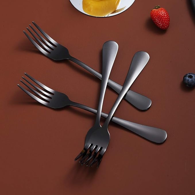 Black Dinner Forks of 4, Berglander 7.9" Stainless Steel Titanium Shiny Black Plating Fork Set, Forks And Spoons Silverware, Table Forks Set Sturdy And Dishwasher Safe
