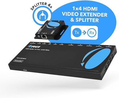 OREI 4K 1x4 HDMI Extender Splitter Over CAT67 Ethernet Cable Up to 4K30Hz upto 165 ft-1080P60Hz upto 230 ft, IR control, EDID, HDMI Loop Out (HD14-EX165-K)
