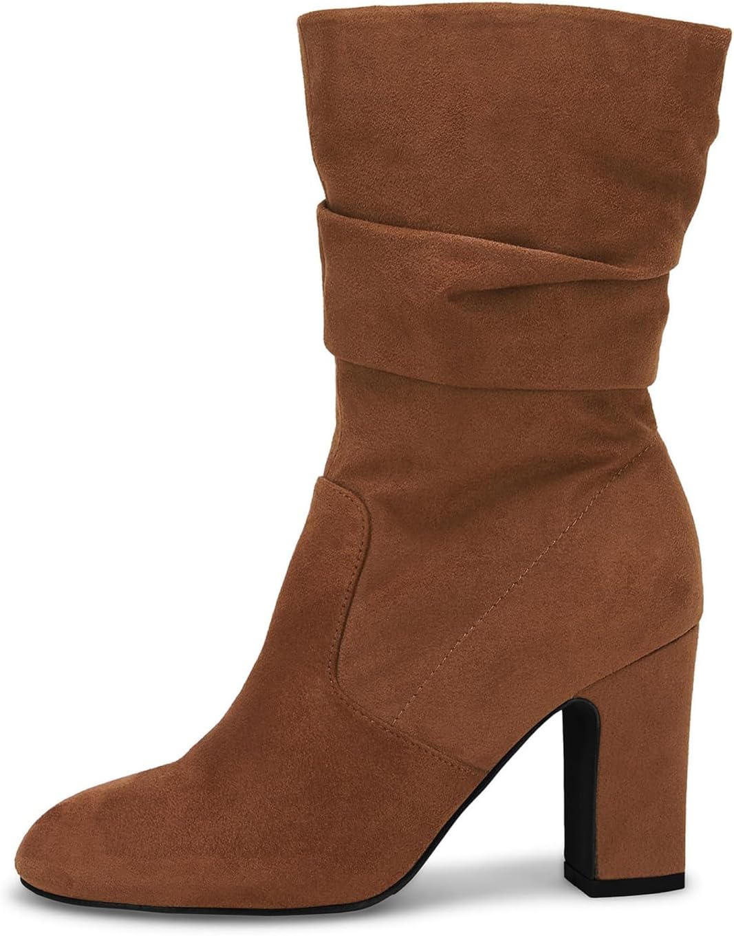 Coutgo Women's Mid Calf Slouchy Boots Suede High Heel Zip Stacked Chunky Block Round Toe Booties.