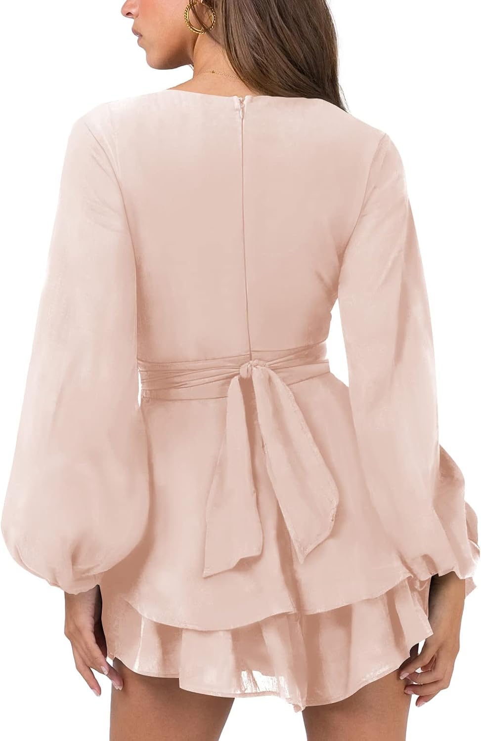 Medium Size Nova In Sky Womens Sexy V Neck Long Sleeve Tie Waist Ruffle Hem Flowy Swing Mini Short Wrap Dress