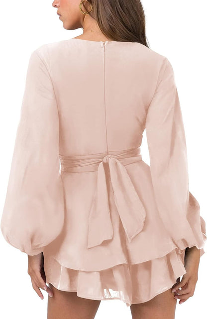 Medium Size Nova In Sky Womens Sexy V Neck Long Sleeve Tie Waist Ruffle Hem Flowy Swing Mini Short Wrap Dress