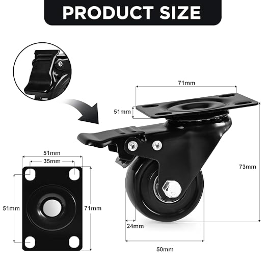 Caster Wheel, Heavy Duty 2 Inch Caster, Locking Swivel Caster Wheel for Cart, Furniture and Workbench, Black