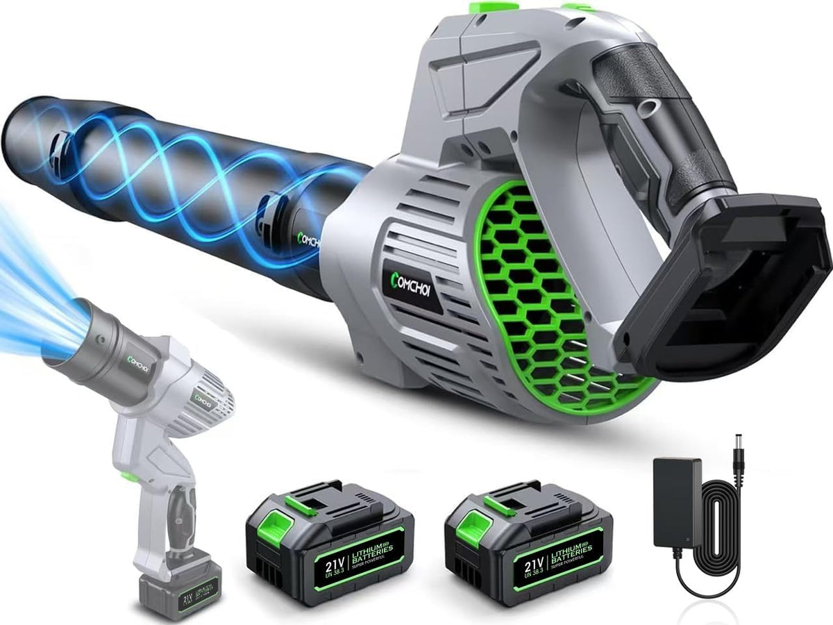 Comchoi Electric Leaf Blower Cordless, 680 CFM 5 Speed Mode, 2 Batteries & Charger, Handheld Leaf Blowers for Lawn Care, Portable Lightweight Grass Blower for Yard, Patio & Outdoor Use (Charger is different and better than picture)