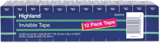 Highland Invisible Permanent Mending Tape, 1" Core, 0.75" X 83.33 Ft, Clear, 12Pack