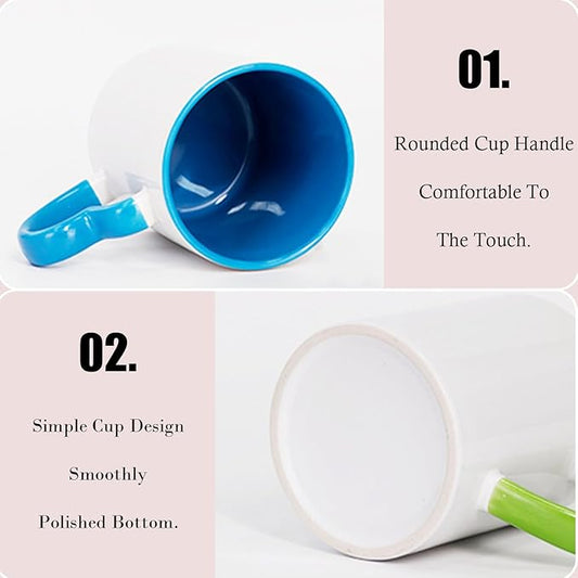 Ceramic Coffee Mug, 11oz Sublimation Blanks Mugs Coffee Mug with Handle, Restaurant Cups for Coffee Tea Cocoa Cappuccino Cereal, Matte White Outside and Colorful Inside, Machine Washable