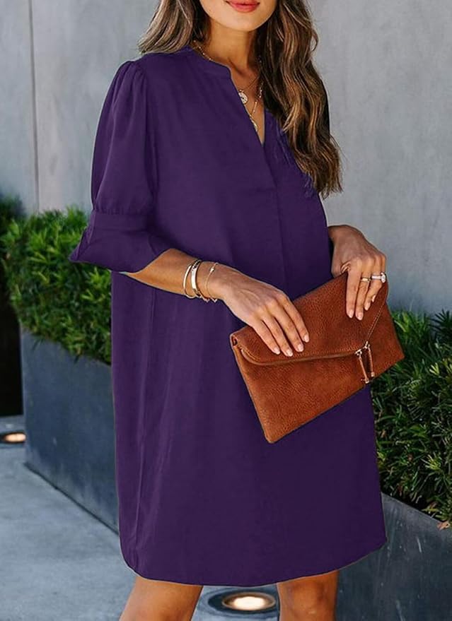 Wkior Shift Dress for Women V Neck Short Sleeves Solid Color Casual Flowy Summer Dresses(S-2XL)