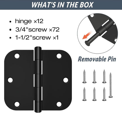 HOSOM 12 Pack Rounded Matte Black Door Hinges 3.5 x 3.5 inch with 5/8 Radius, Black 3 1/2 Interior Door Hinges, 3 ½"x 3 ½" Hardware