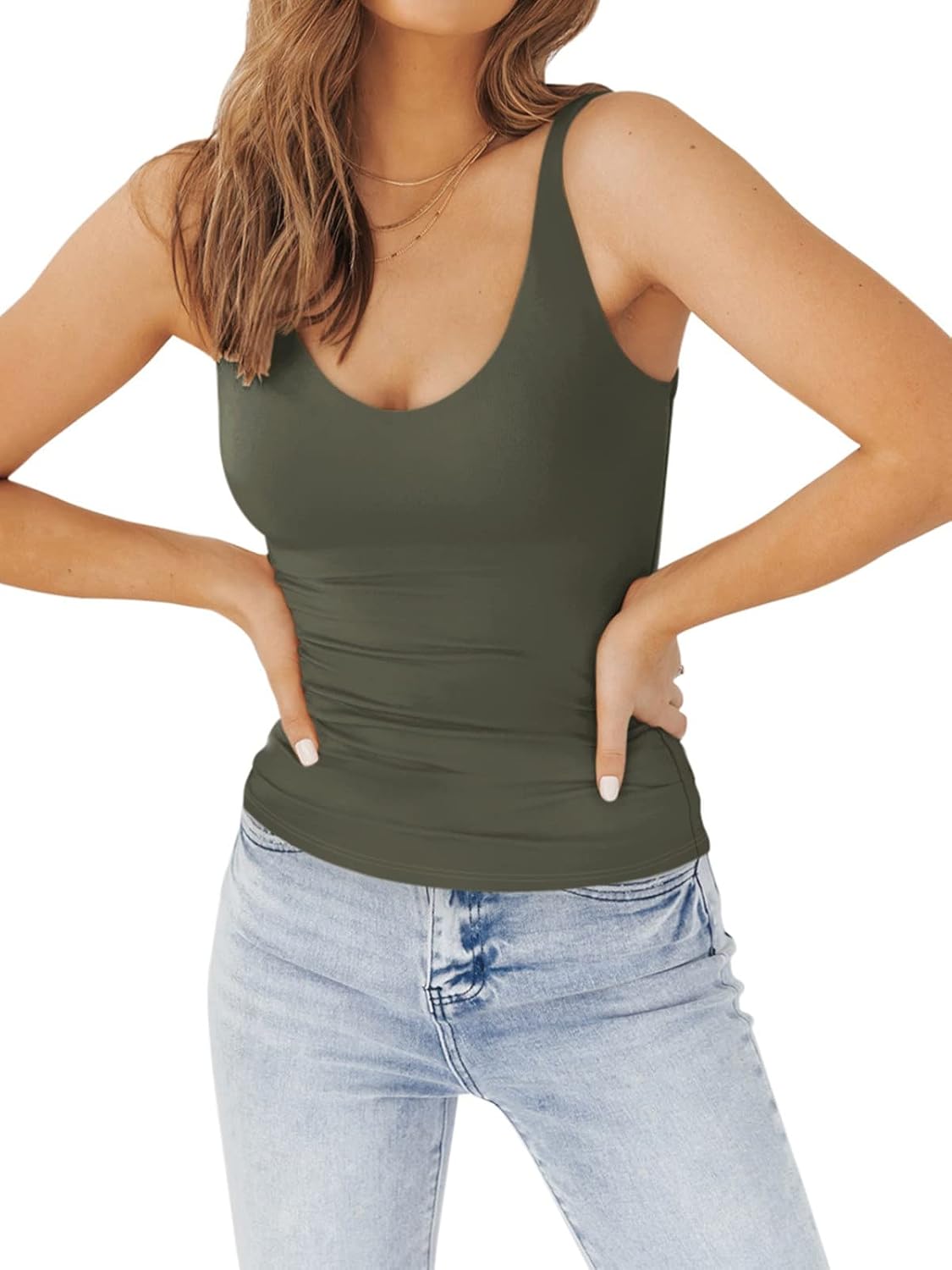 PINKMSTYLE Womens Basic Double Lined V Neck Tank Tops Slimming Workout Summer Tops Sleeveless Shirts
