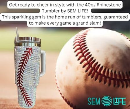 40 Oz Rhinestone Bling Tumbler Cup with Handle and Straw (BASEBALL), Stainless Steel and Double Wall Insulated