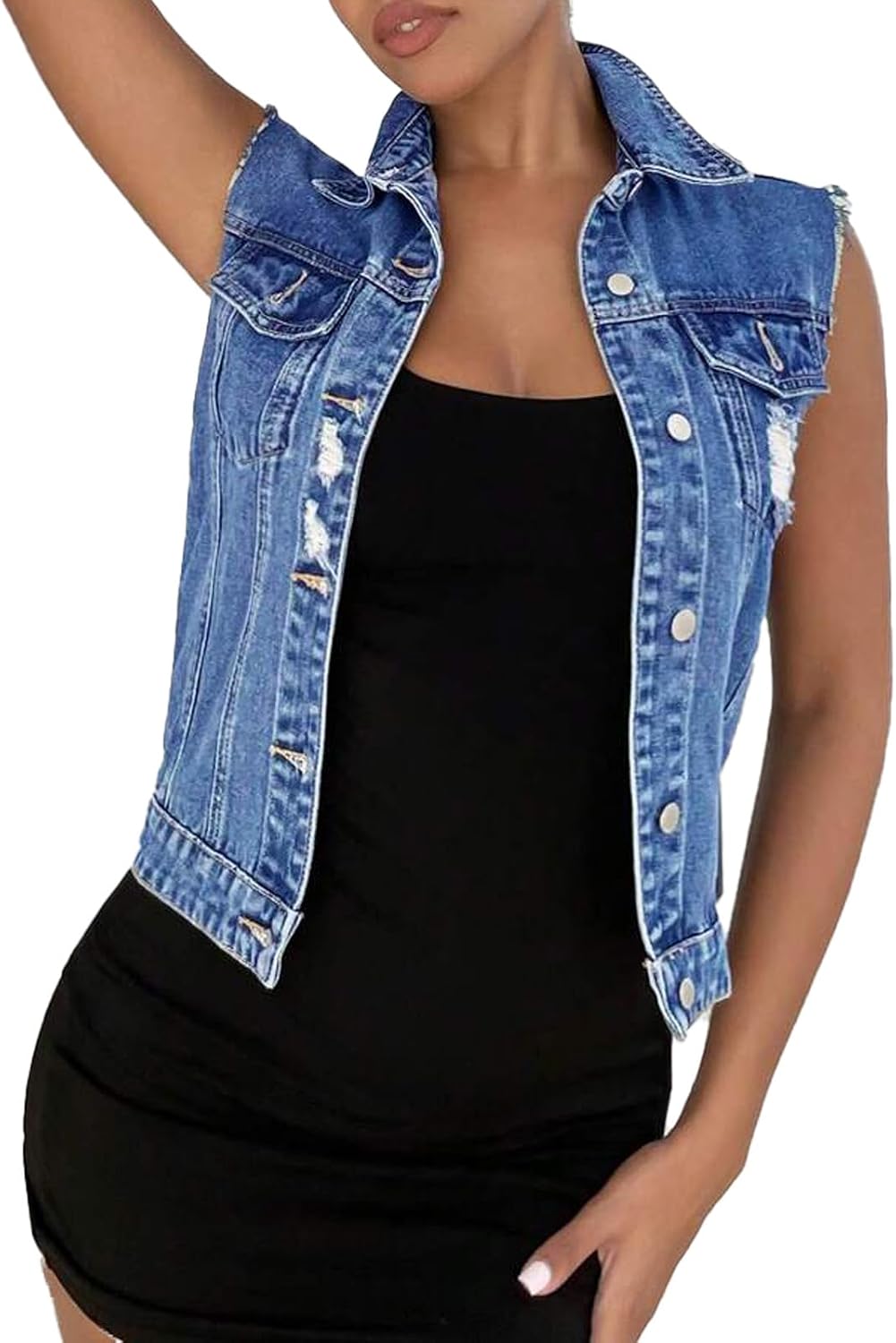 Women's Cropped Denim Vest Top Button Down Sleeveless Jean Jacket Waistcoat Gilet with Pockets