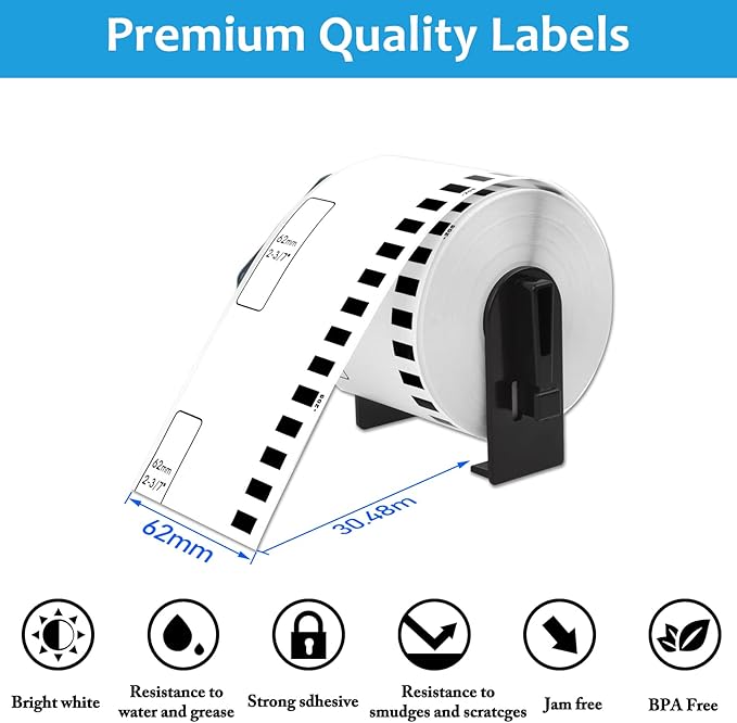 1 Roll Compatible for Brother DK-2205 DK2205 2.4'' x 100' (62mm x 30.4m) Continuous White Paper Tape Shipping Address Thermal Direct Labels for QL-500 QL-570 QL-580 QL-700 Label Printers