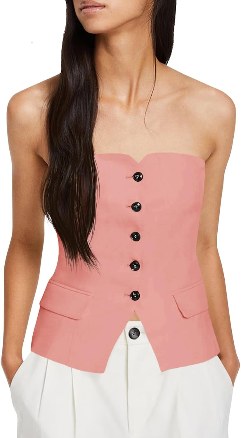 Notched Neck Tube Tops Blazer Sleeveless Button Fitted Strapless Work Blazer Vest
