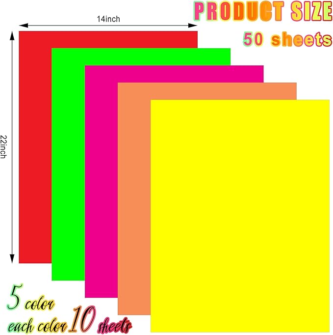 Tenceur 50 Pieces Neon Poster Board 22" x 14" Neon Construction Paper 250 Gsm90 lb Cardstock Large Bright Fluorescent Poster Board for School Craft Project Presentation Drawing Graphic Display