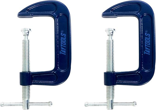 2 Pack Taytools 2 Inch C Clamps Malleable Steel Frame Power Coated Threads Zinc Plated Carbon Steel Spindle and Sliding Bar (2, 2 inch)