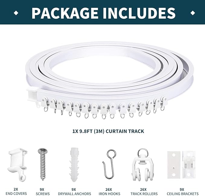 Flexible Bendable Ceiling Curtain Track, 9.8ft (3m) Curved, PVC, Metal, Plastic  Stainless Steel, White, Ceiling Mounted