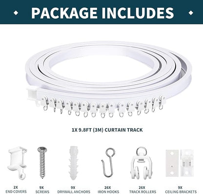 Flexible Bendable Ceiling Curtain Track, 9.8ft (3m) Curved, PVC, Metal, Plastic  Stainless Steel, White, Ceiling Mounted