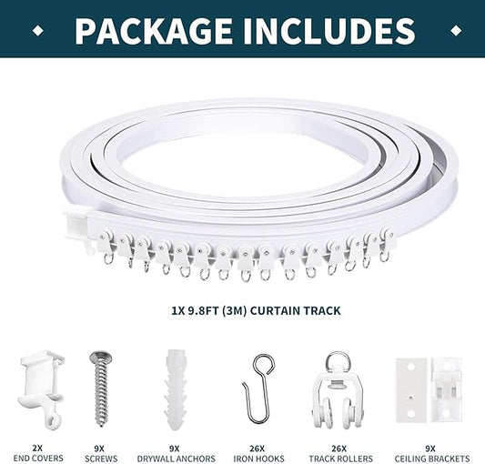 Flexible Bendable Ceiling Curtain Track, 9.8ft (3m) Curved, PVC, Metal, Plastic  Stainless Steel, White, Ceiling Mounted