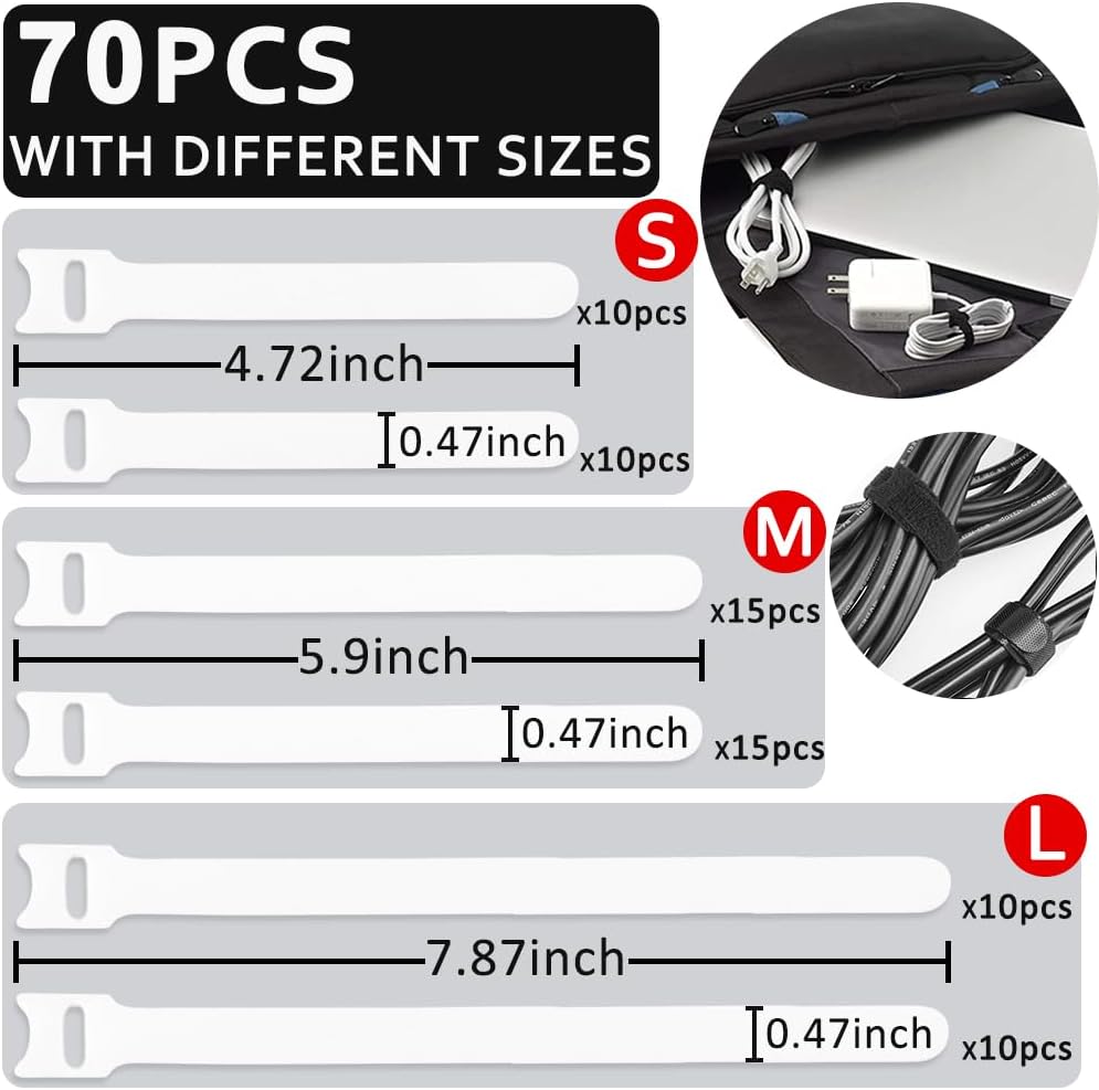 M METERXITY 60-Pack Reusable Cable Ties, 8 in Fastening Adjustable Hook and Loop Tie Wrap Cable Straps Wire Ties Multi-Purpose Cable Ties for Office/Home/Data Centers [White] (Not Original Packaging)