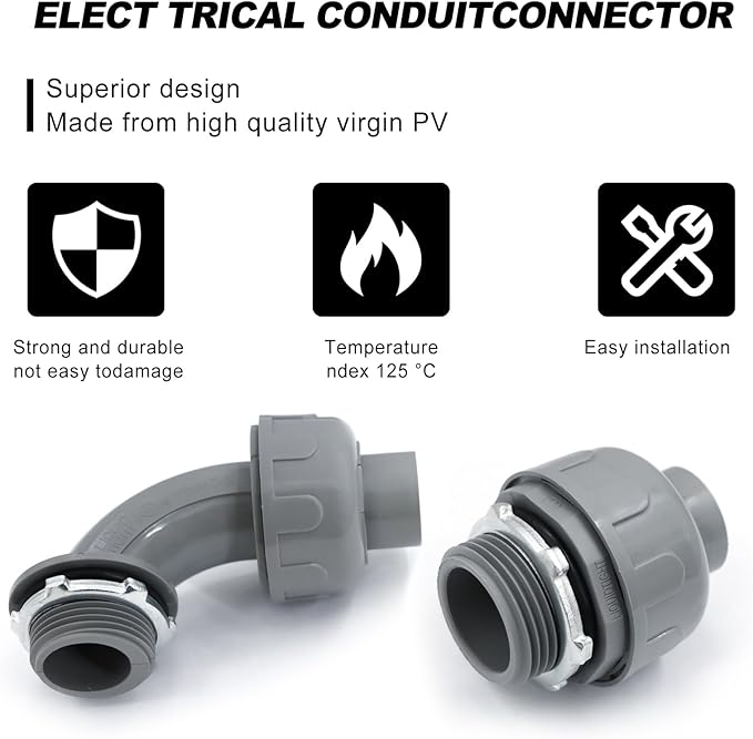 1-12 inch Liquid Tight Connector PVC Flexible Conduit Connector, 180 Degree and 90 Degree UL Listed, Non-Metallic Electrical Conduit Fittings 6 Pack(4 pcs 180D2 pcs 90D)