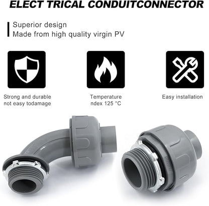 1-12 inch Liquid Tight Connector PVC Flexible Conduit Connector, 180 Degree and 90 Degree UL Listed, Non-Metallic Electrical Conduit Fittings 6 Pack(4 pcs 180D2 pcs 90D)