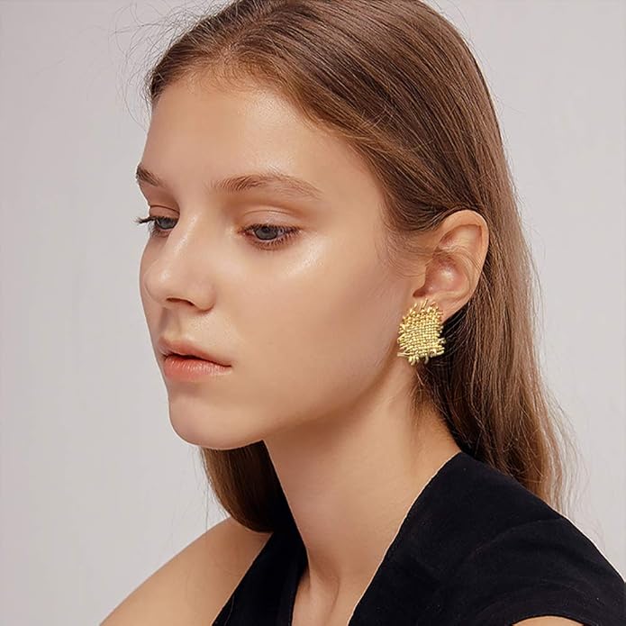 LecAit Gold Statement Earrings for Women,Flat Woven Texture Stud Earrings 925 Sterling Silver Post Hypoallergenic Earrings for Women Girls Jewelry Gifts