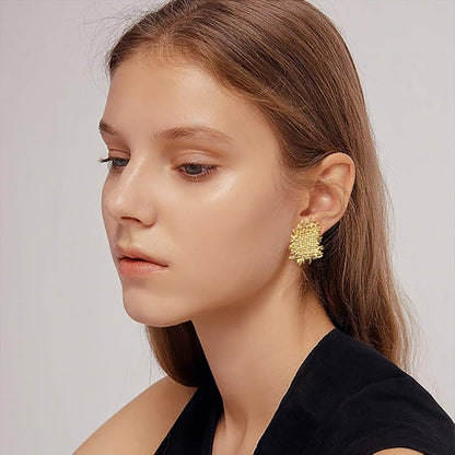 LecAit Gold Statement Earrings for Women,Flat Woven Texture Stud Earrings 925 Sterling Silver Post Hypoallergenic Earrings for Women Girls Jewelry Gifts