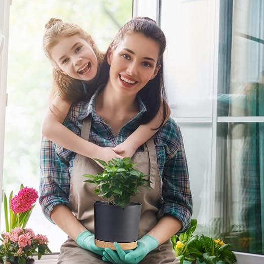 Plant Pots Plastic Flowerpots with Drainage Holes Removable Saucer Decorative Planters 2Pcs Dark Grey 6.5 Inch.Plant Pots Planters for Indoor Outdoor Plants Nursery Pot