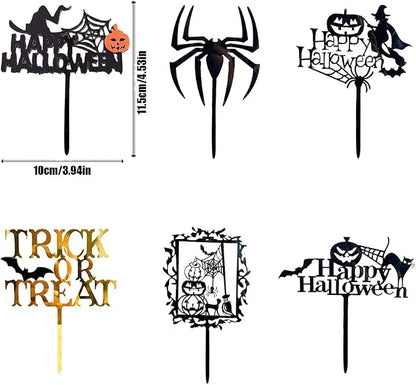 Halloween Cake Toppers Happy Halloween Cupcake Topper Acrylic Trick Or Treat Pumpkin Spider Bat Cake Decoration Party Supplies 6 PCS